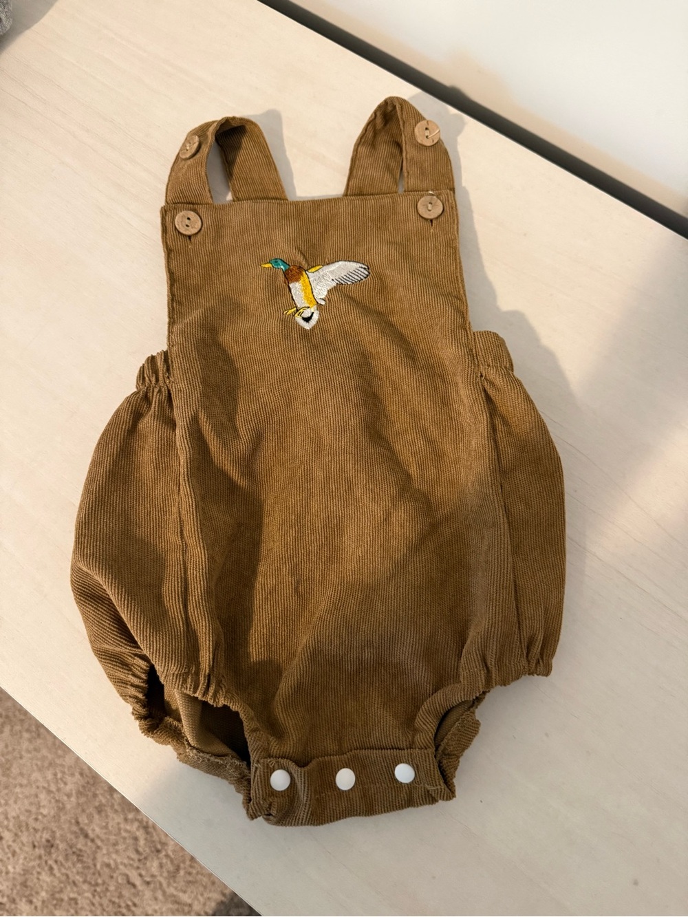 Brown Corduroy Baby Romper with Duck Embroidery